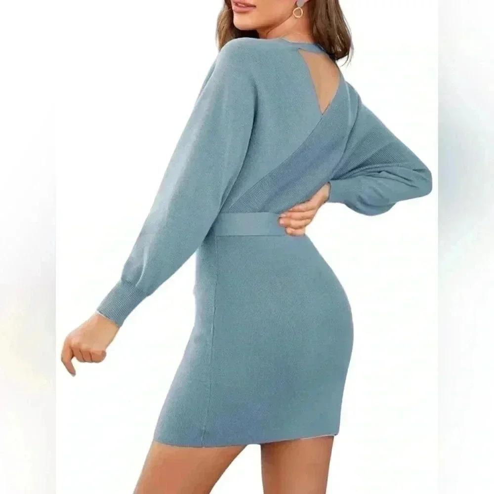 Zonsaoja Women's Sweater Dress Sexy VNeck Long Sleeve Backless Wrap Mini Dress M - Picture 5 of 9